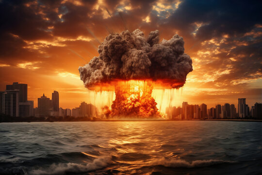 Nuclear explosion against the backdrop of a large city on the sea or ocean. Sunset. Apocalypse. War. Nuclear threat. Third World War.