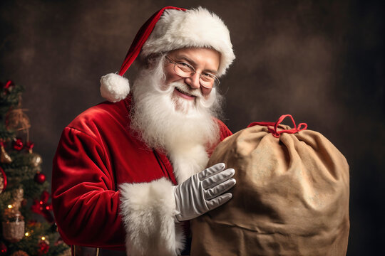Happy Santa Claus with a big bag of gifts for children on the background of the Christmas tree. Merry Christmas. New Year's Eve concept. Bright image of Santa for advertising and design.