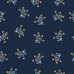 Seamless floral pattern. Small hand-drawn flowers and leaves, pretty yellow flowers on dark blue background. Vector illustration