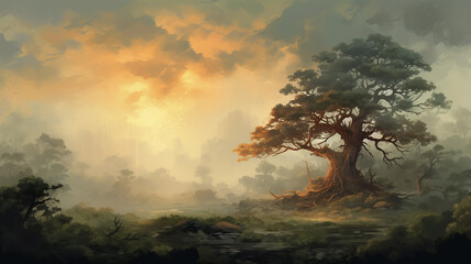vintage oil painting sunset lonely tree nature landscape. © kichigin19