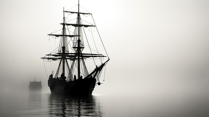 Obraz premium black sailboat silhouette in the fog.