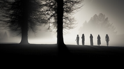 black and white silhouettes and shadows of people in the morning urban fog.