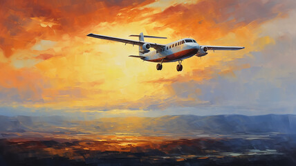 Fototapeta na wymiar airplane against the sunset sky, flight, oil painting impressionism.