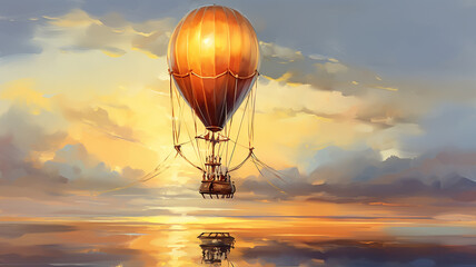 Fototapeta premium the balloon is flying against the background of the sunset sky landscape travel freedom adventure oil paints.