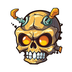 logo skull cartoon white background , graphic, very detailed