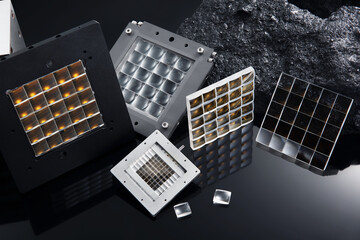 Glass light tubes, curved LED, xenon and halogen lamps, lens and focus, indoor shot, close-up