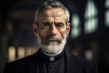 portrait of serious older priest wearing collar with blurred background - obrazy, fototapety, plakaty
