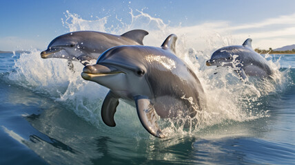 A group of adorable dolphins riding the waves. AI Generative.
