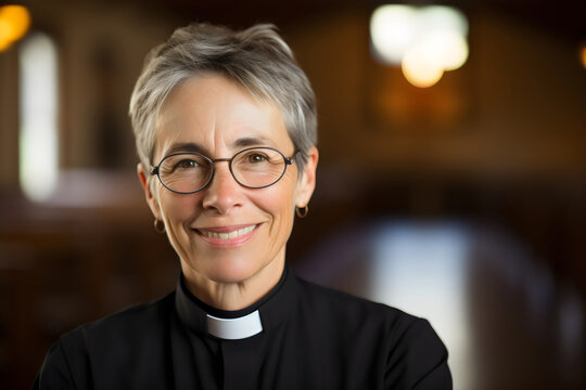 portrait of smiling older female priest wearing collar with blurred background
