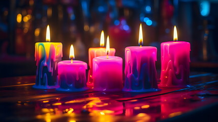 6 neon colorful pink and purple thick candles with glowing yellow flames - obrazy, fototapety, plakaty
