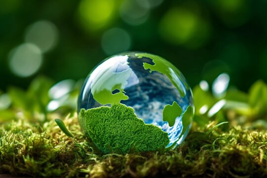 Globe earth on moss with natural bokeh background, save earth concept