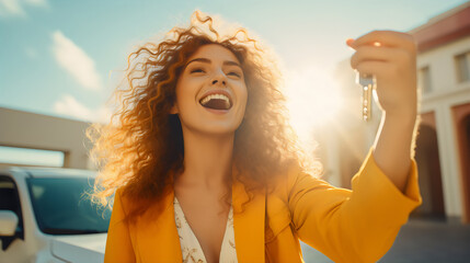happy young woman holding car or house key out in golden sunlight on street in neighborhood