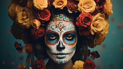 Happy Halloween and Day of the Dead concept. Scared horrible female in special outfit, wears white clay skull, professional makeup to look spooky. Generative AI.