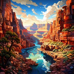 colorful rock canyon with winding river.Generative Ai