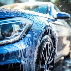 Manual washing of a new modern car with pressurized water in an outdoor car wash. Generative AI.