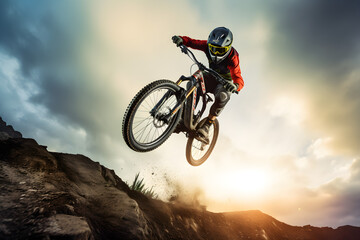Fototapeta na wymiar Mountain biker flying through the air after jumping off