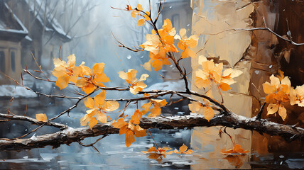 oil painting large brush strokes yellow autumn branches with leaves autumn background.