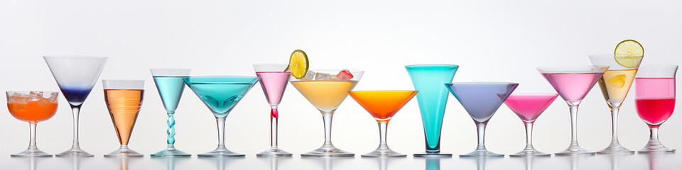 a row of multicolored cocktails isolated on a white background.