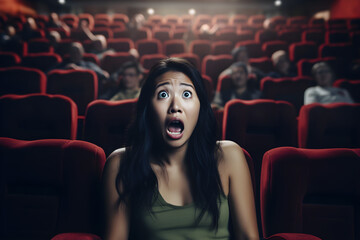 asian woman in cinema terrified reaction