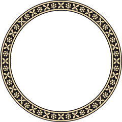 Vector round gold and black Indian national ornament. Ethnic plant circle, border. Frame, flower ring. Poppies and leaves..