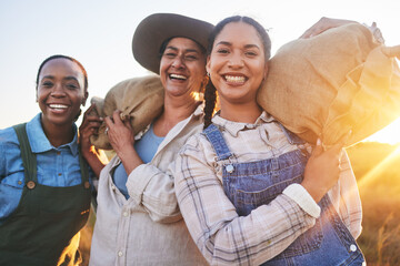 Smile, farming and portrait of women with harvest bags, food and happy with sustainability. Laughing, morning and farm employees working in a field together for countryside labor or agriculture