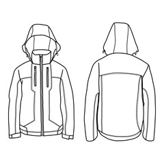Technical sketch drawing of jacket vector template in front and back view, isolated on white background, editable color and stroke. © didiwidjanarko