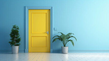 yellow door on a blue background abstract interior.