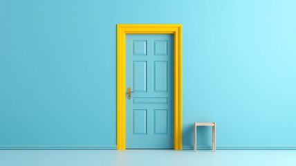 yellow door on a blue background abstract interior.