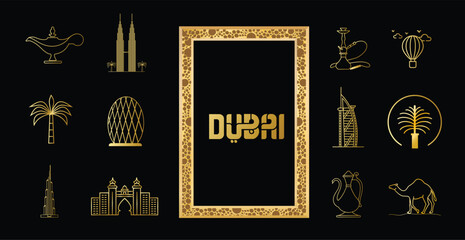 Dubai Gold Line Icon style building in Dubai palm jumeirah vector The dubai fountain jumeirah mosque Atlantis the Palm dubai frame dubai camel illustration