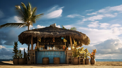 tiki bar on the beach with a palm tree and a blue sky with clouds in the background, neural network generated image