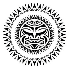 Round tattoo ornament with sun face maori style. African, aztecs or mayan ethnic mask. Black and white