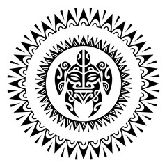 Sea turtle round circle ornament Maori style. Tattoo sketch. Black and white