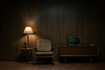 Picture a wall-mounted television and a chair in a dimly lit area against a dark wooden wall. Generative AI