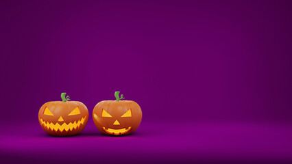 Happy Halloween Pumpkins on Purple background. Minimal Style 3D Illustration.