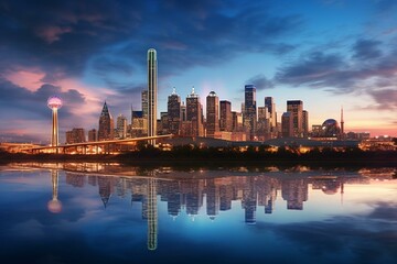 Stunning Dallas skyline panorama featuring Reunion Tower, serene cityscape, majestic Commerce bridge, and Trinity Overlook Park. Generative AI