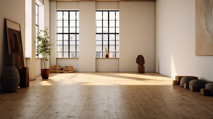 bright empty room hall with a large window and parquet, natural lighting.