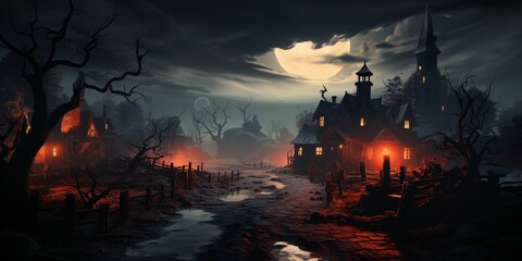 Spooky Witch House with Scary Trees and Moonlight. Horror Halloween Background - obrazy, fototapety, plakaty