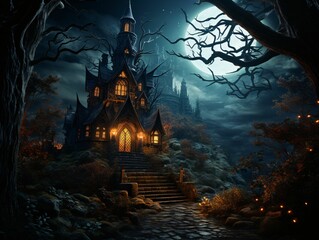 Spooky Witch House with Scary Trees and Moonlight. Horror Halloween Background