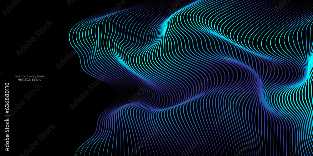 Poster Vector wavy lines pattern smooth curve flowing dynamic blue green gradient light isolated on black background for concept of technology, digital, communication, science, music.