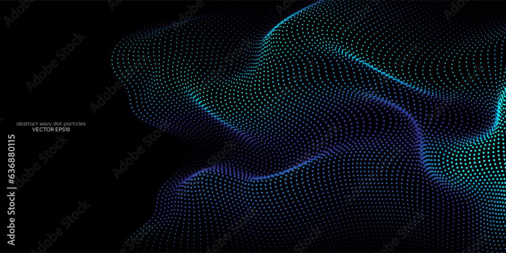 Poster Flowing dots particles wave pattern blue green gradient light isolated on black background. Vector in concept of  technology, science, music, modern.