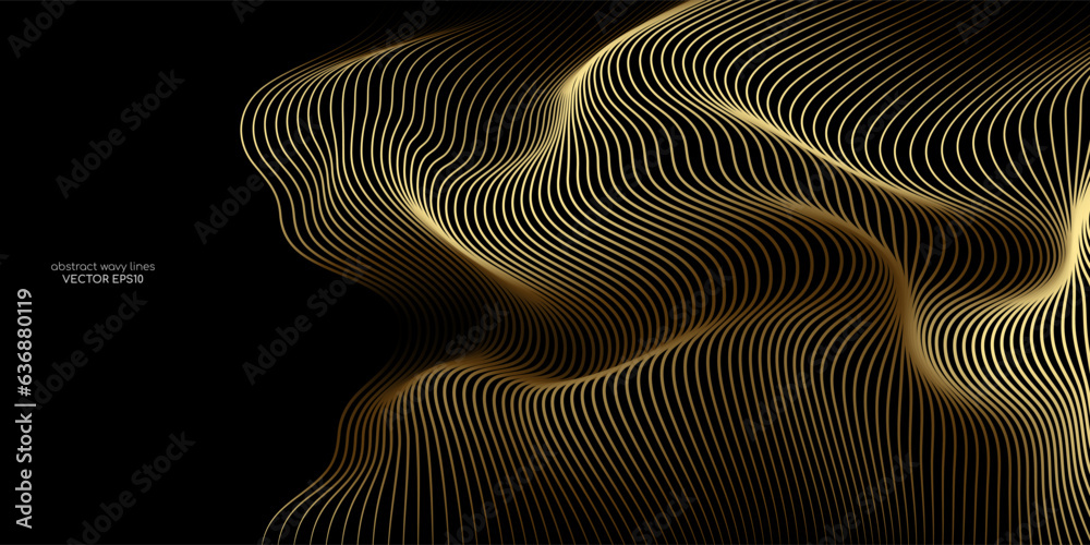 Poster Vector wavy lines pattern smooth curve flowing dynamic gold gradient light isolated on black background for concept of luxury, technology, digital, communication, science, music.