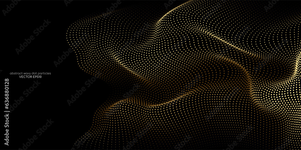 Aufkleber Flowing dots particles wave pattern gold gradient light isolated on black background. Vector in concept of luxury, technology, science, music, modern.
