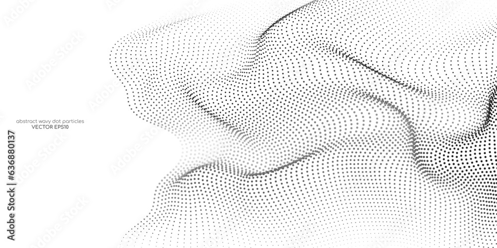 Poster Flowing dots particles wave pattern 3D curve halftone black gradient curve shape isolated on white background. Vector in concept of technology, science, music, modern.