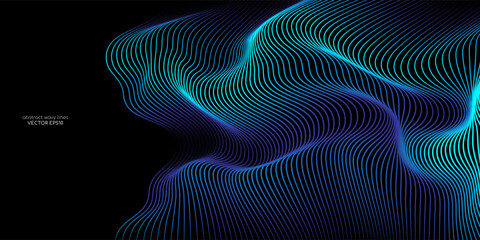 Vector wavy lines pattern smooth curve flowing dynamic blue green gradient light isolated on black background for concept of technology, digital, communication, science, music. - 636880110