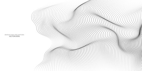 Flowing dots particles wave pattern 3D curve halftone black gradient curve shape isolated on white background. Vector in concept of technology, science, music, modern. - 636880137