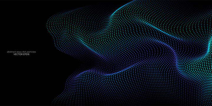 Flowing dots particles wave pattern blue green gradient light isolated on black background. Vector in concept of  technology, science, music, modern.