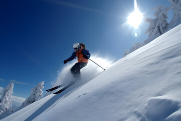 Naklejka na ściany i meble male skier in a ski suit descends the snowy slope of a ski resort