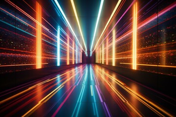Fototapeta na wymiar A dim, modern hallway stretches far ahead, beautifully lit by colorful lights forming a mesmerizing kaleidoscopic pattern. Generative AI