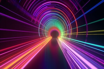 Travel through multicolored neon rays at high speed in a 3D rendered space hyperjump tunnel. Generative AI