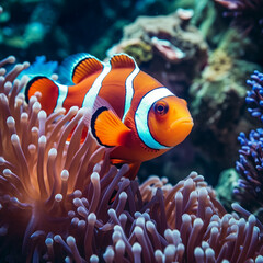 Naklejka na ściany i meble Amphiprion ocellaris clownfish in marine aquarium. AI Generative.